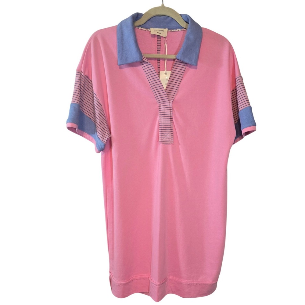 Umgee Womens Pink Blue Striped Trim V-Neck Polo Mini Dress Short Sleeve NEW M